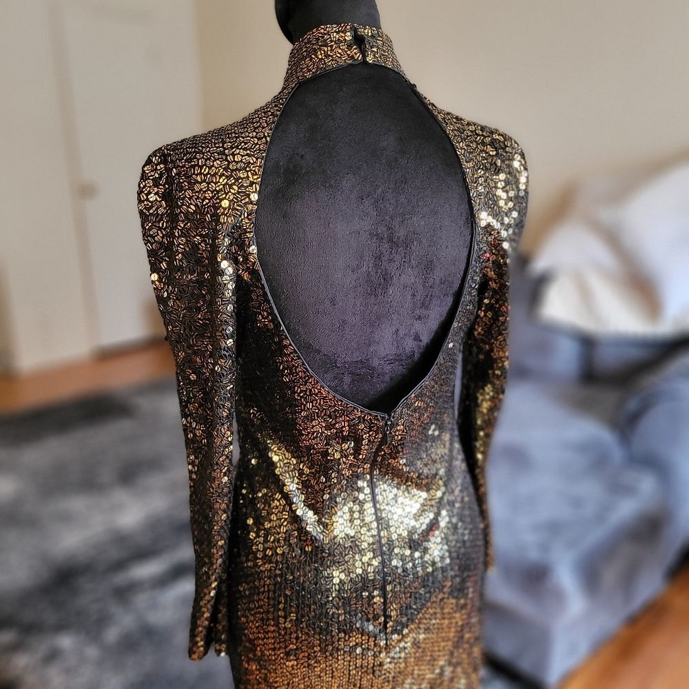Vintage Sequin Long Sleeve Midi Dress - Gold - Size 8 - Picture 7 of 16